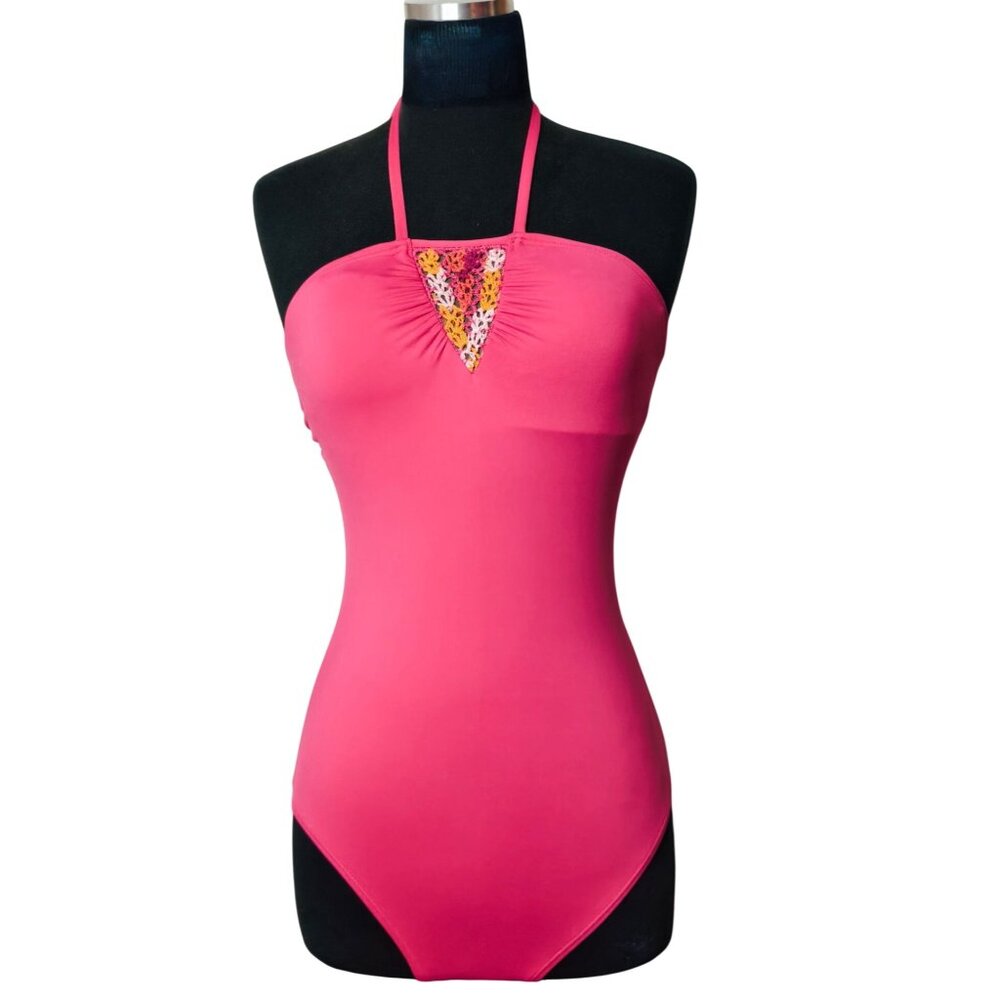 Coco Rave M Halter Swimsuit One-Piece Pink Crochet Accent Beach Pool Preppy Chic